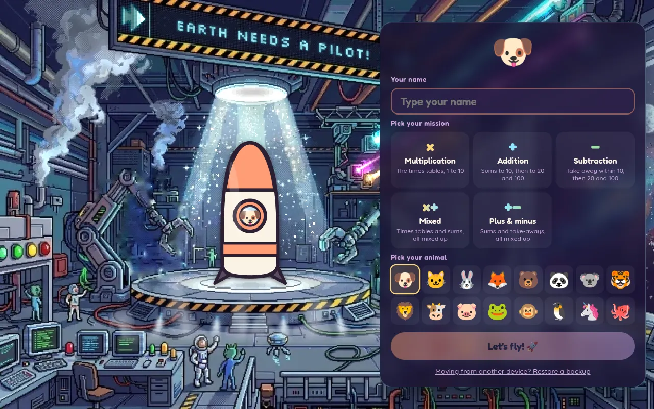 The launch bay: a rocket on the pad, and a form to name the pilot, pick a mission and pick an animal