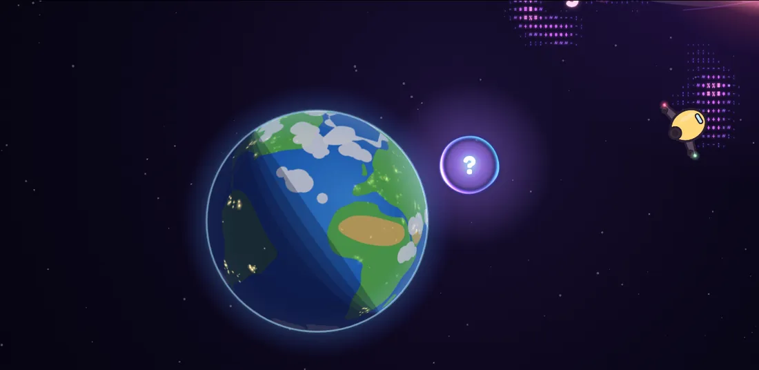 Earth in space, with Orbie the ship computer glowing beside it