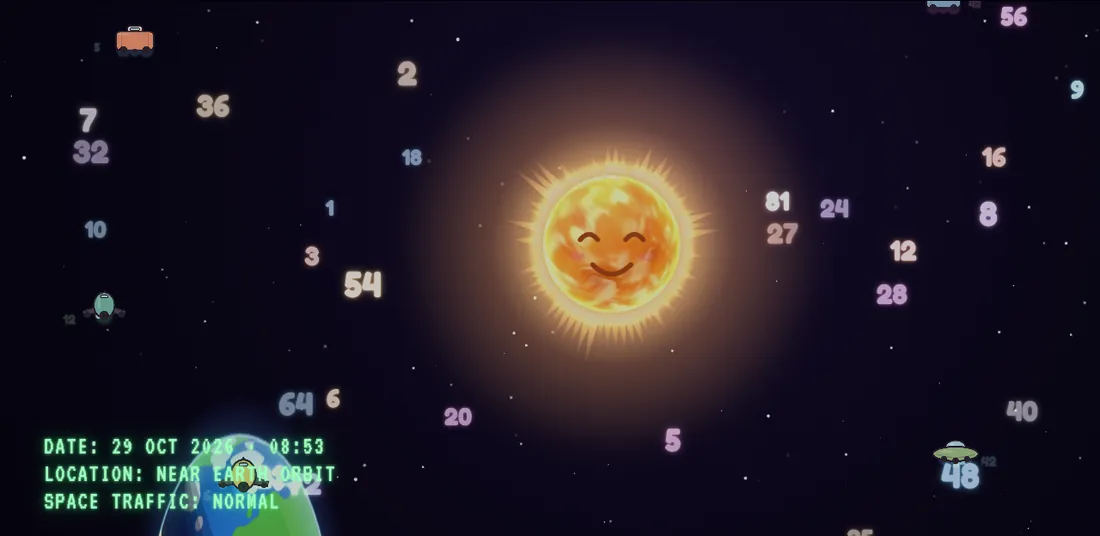 Numbers floating around a smiling Sun, with Earth below